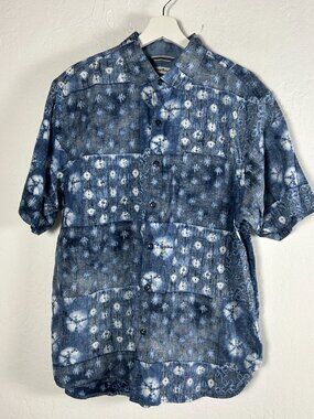 Tommy Bahama Mens Blue Tie-Dye Linen Blend Short Sleeve Button Shirt Large NWOT